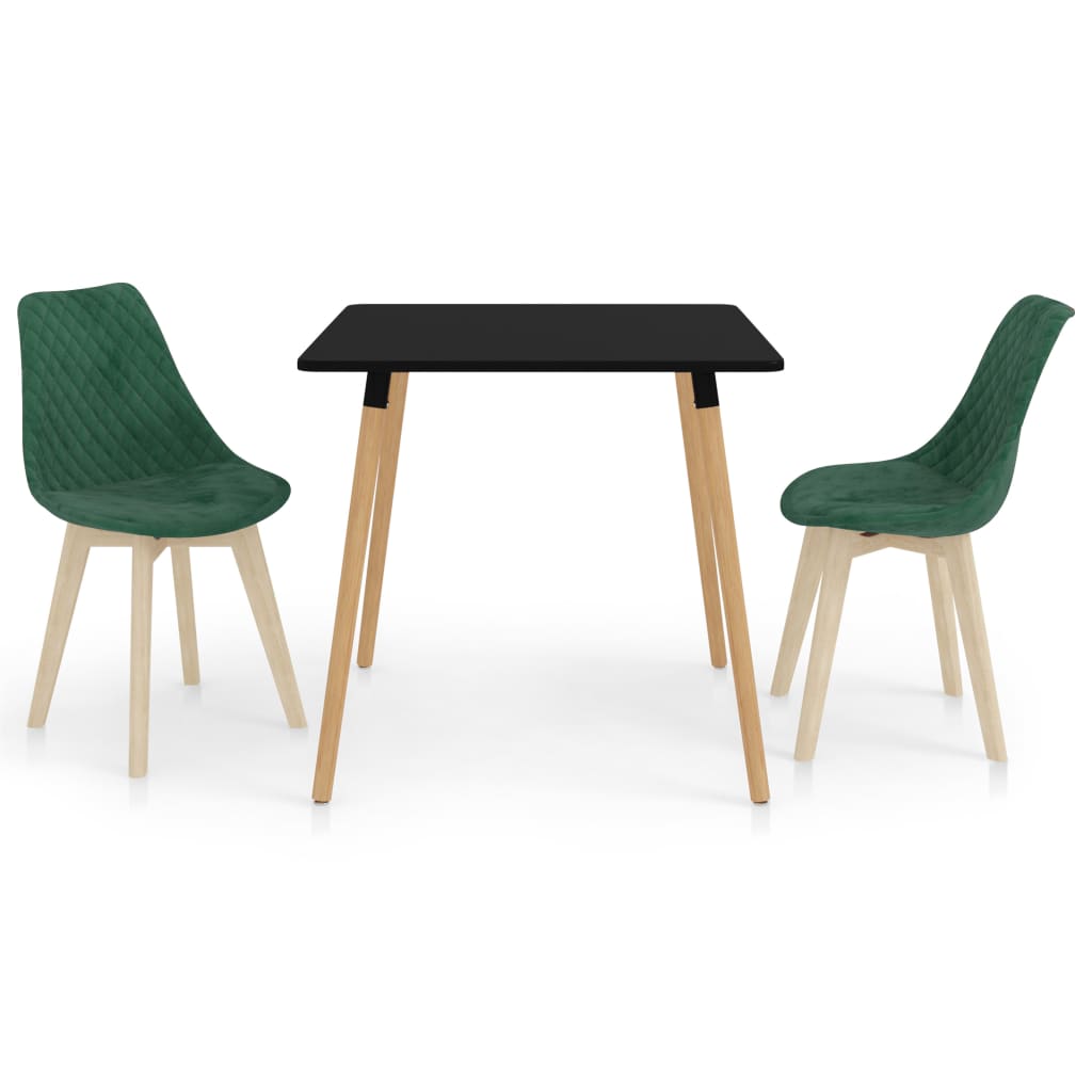 Set de masa de bucatarie cu blat negru si 2 scaune tapitate cu catifea, vidaXL, Catifea, 80 x 80 x 75cm, Verde inchis