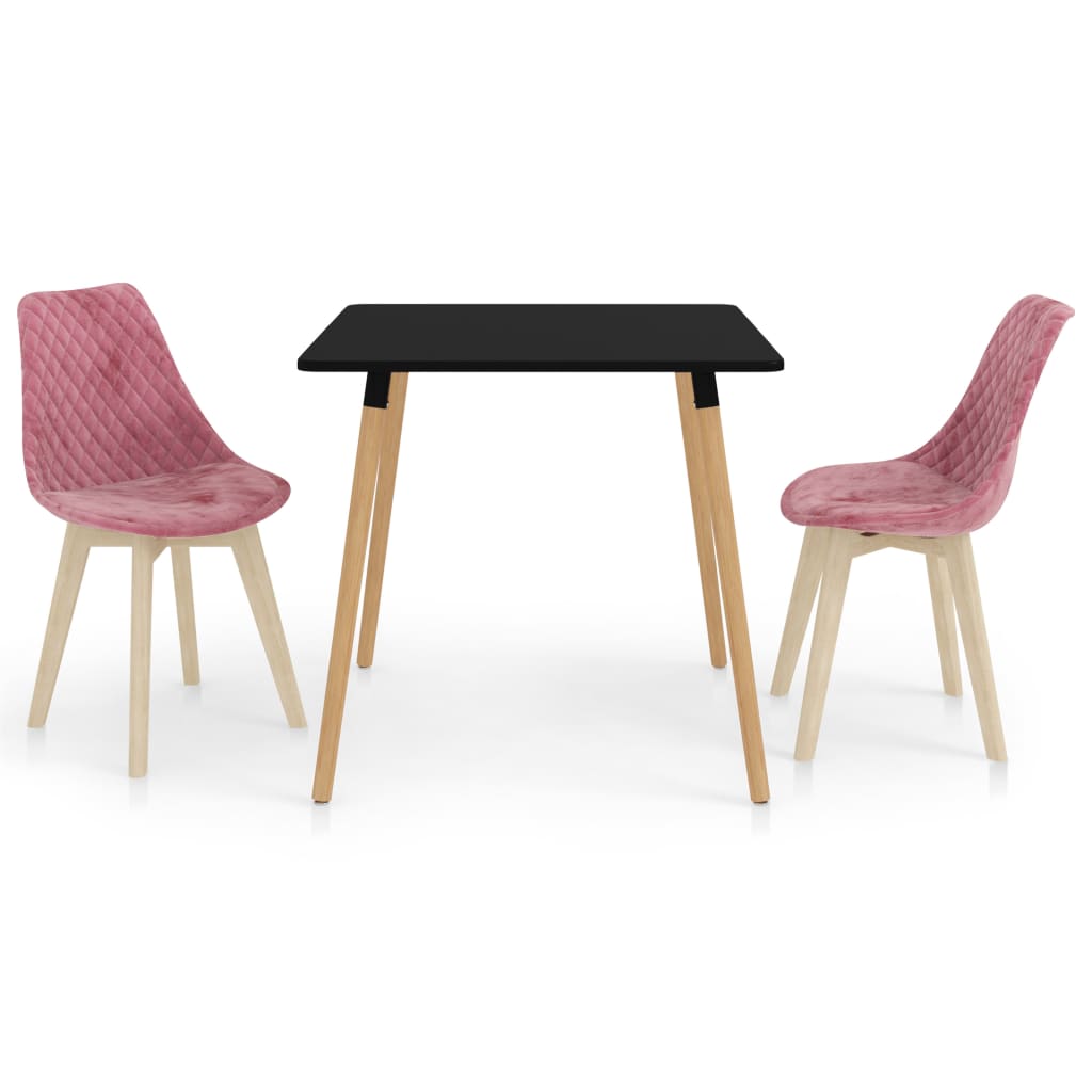 Set de masa de bucatarie cu blat negru si 2 scaune tapitate cu catifea, vidaXL, Catifea, 80 x 80 x 75cm, Roz