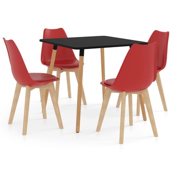 Set de masa de bucatarie cu blat negru si 4 scaune cu sezut tapitat, vidaXL, Piele artificiala, 80 x 80 x 75 cm, Rosu