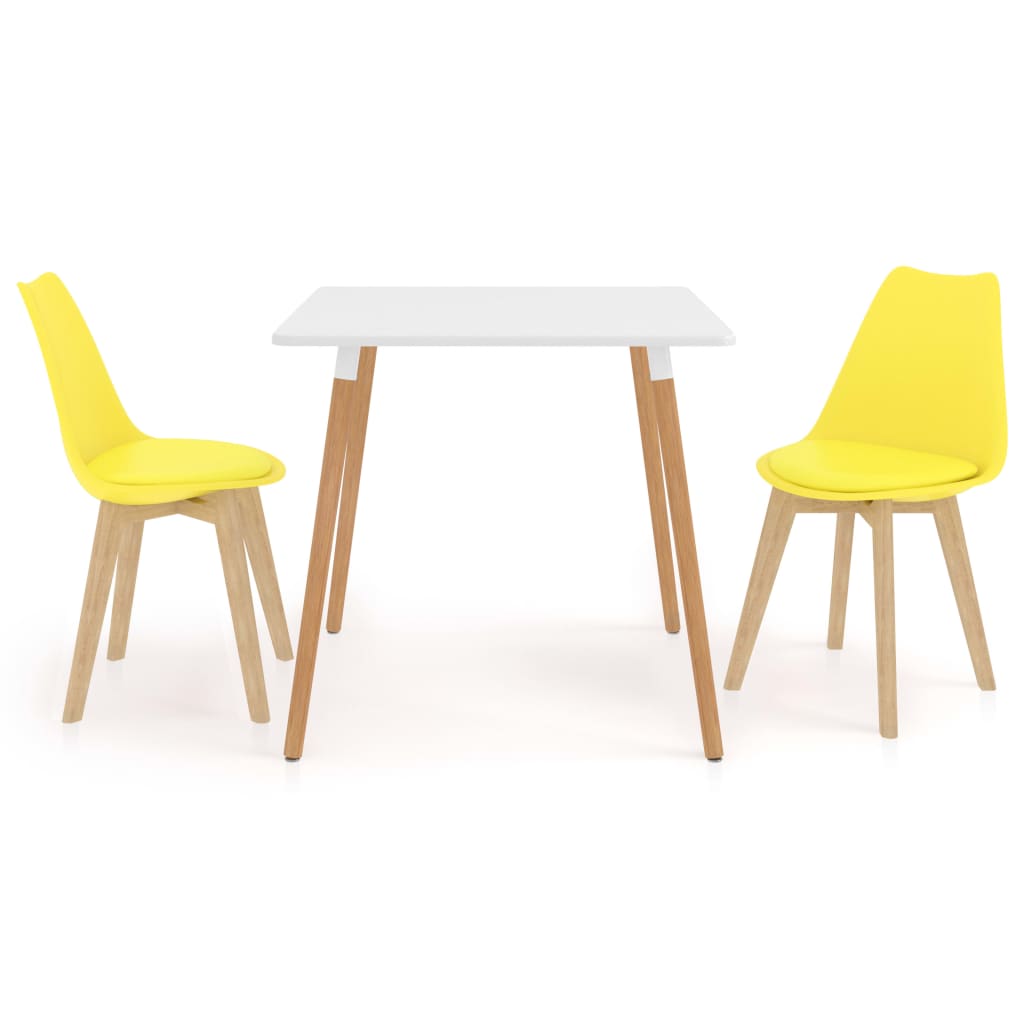 Set de masa de bucatarie cu blat alb si 2 scaune cu sezut tapitat, vidaXL, Piele artificiala, 80 x 80 x 75 cm, Galben