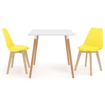 Set de masa de bucatarie cu blat alb si 2 scaune cu sezut tapitat, vidaXL, Piele artificiala, 80 x 80 x 75 cm, Galben Set de masa de bucatarie cu blat alb si 2 scaune cu sezut tapitat, vidaXL, Piele artificiala, 80 x 80 x 75 cm, Galben