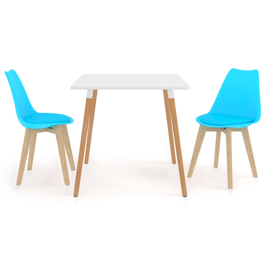 Set de masa de bucatarie cu blat alb si 2 scaune cu sezut tapitat, vidaXL, Piele artificiala, 80 x 80 x 75 cm, Albastru deschis