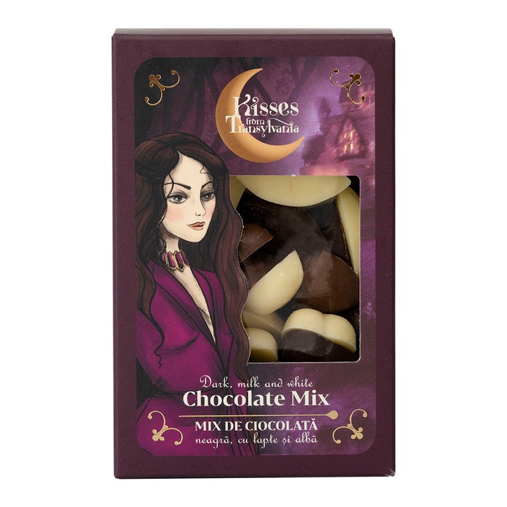 Mix de ciocolata alba, cu lapte si neagra din praline belgiene, in forma de inimioare,150g, fabricata artizanal in Romania, Kisses from Transylvania