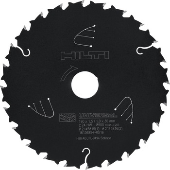 Disc HILTI SCB WU 190 x 30mm, 24T, pentru fierastrau circular, taiere universala in lemn Disc HILTI SCB WU 190 x 30mm, 24T, pentru fierastrau circular, taiere universala in lemn