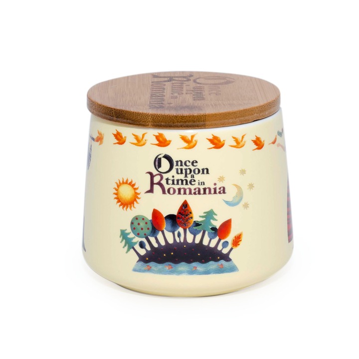 Cana cu glazura mata si capac de bambus, de inspiratie din Basme Romanesti, ceramica, 350 ml