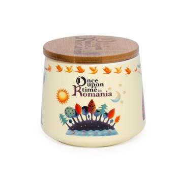 Cana cu glazura mata si capac de bambus, de inspiratie din Basme Romanesti, ceramica, 350 ml Cana cu glazura mata si capac de bambus, de inspiratie din Basme Romanesti, ceramica, 350 ml