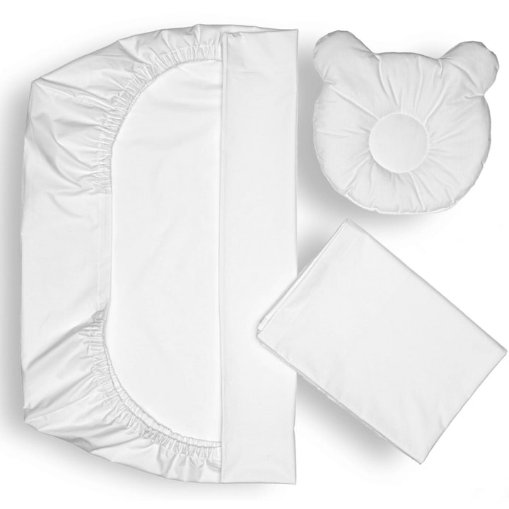 Спален комплект + Възглавница за правилното оформяне на главата на бебето SomnArt, Египетски памук, 60x120 см, Бял