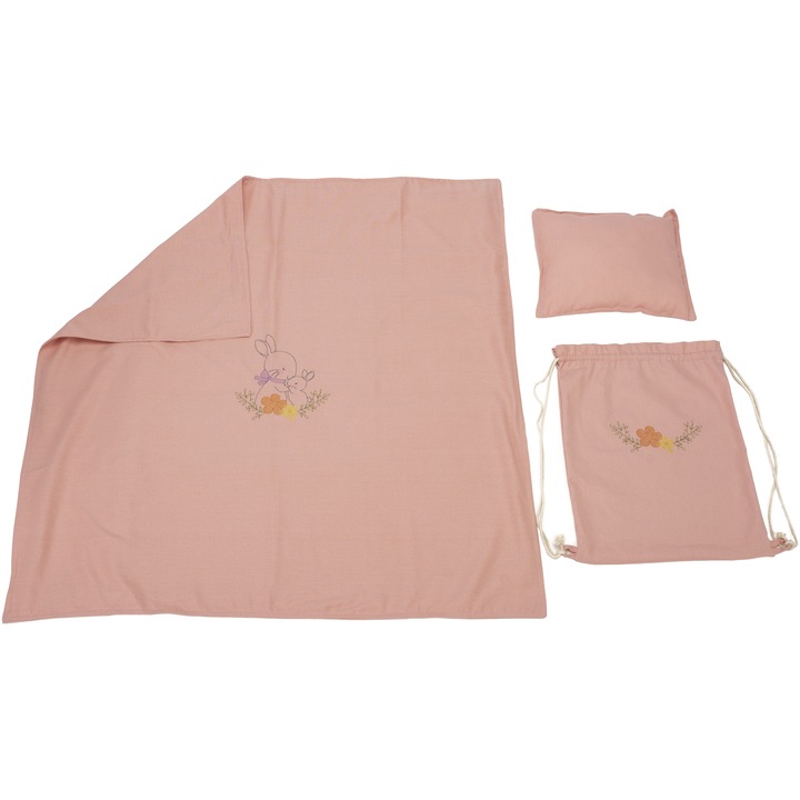 Set paturica + perna + rucsac SomnArt, cu broderie, din in, Roz