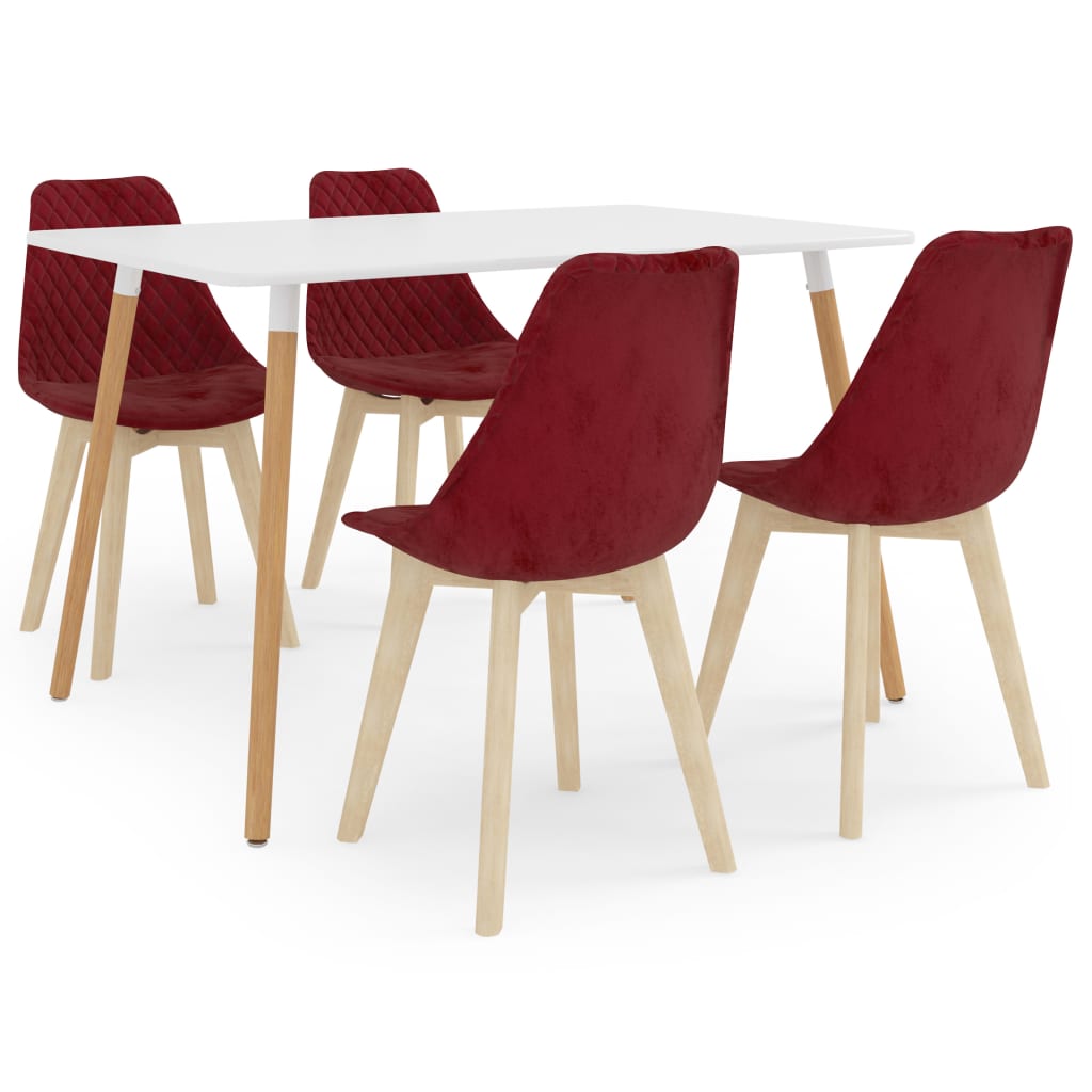 Set de masa de bucatarie cu blat alb si 4 scaune tapitate cu catifea, vidaXL, Catifea, 49 x 57 x 82 cm, Rosu bordo
