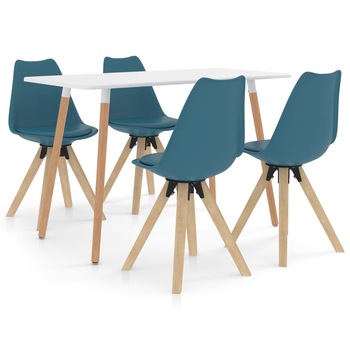 Set mobilier de bucatarie 5 piese, masa cu scaune, vidaXL, Piele artificiala/Lemn de fag, 120 x 60 x 75 cm, Turcoaz, masa alb Set mobilier de bucatarie 5 piese, masa cu scaune, vidaXL, Piele artificiala/Lemn de fag, 120 x 60 x 75 cm, Turcoaz, masa alb