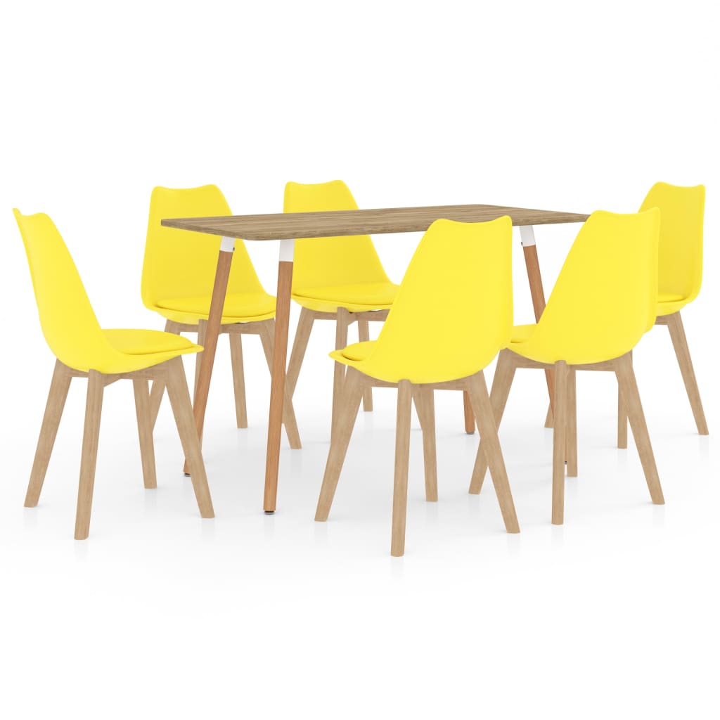 Set mobilier de bucatarie cu 1 masa si 6 scaune cu sezut tapitat, vidaXL, Piele artificiala, 42 x 42 x 81 cm, Galben