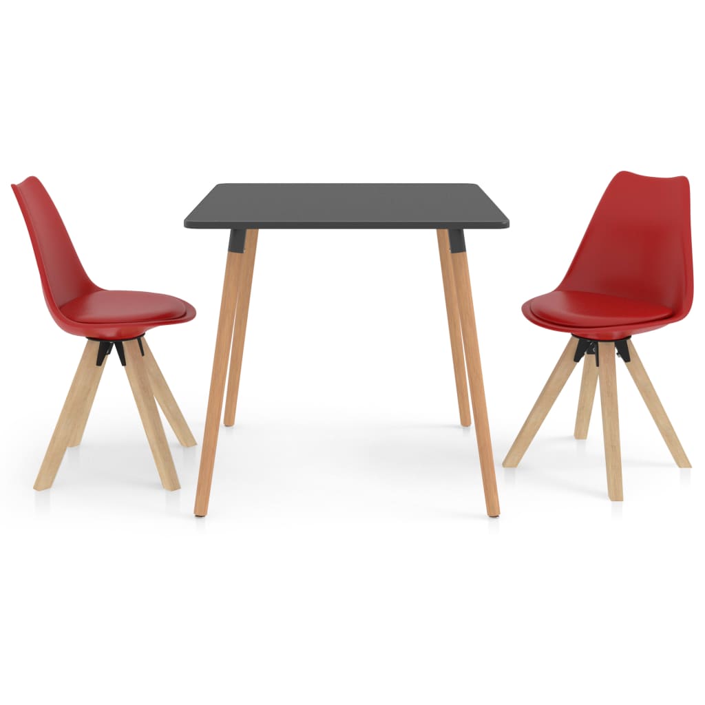 Set mobilier de bucatarie cu 1 masa cu blat gri cu 2 scaune cu sezut tapitat, vidaXL, Piele artificiala, 80 x 80 x 75 cm, Rosu