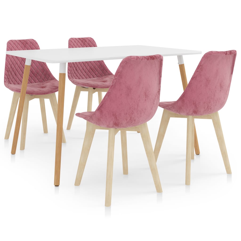 Set de masa de bucatarie cu blat alb si 4 scaune tapitate cu catifea, vidaXL, Catifea, 49 x 57 x 82 cm, Roz