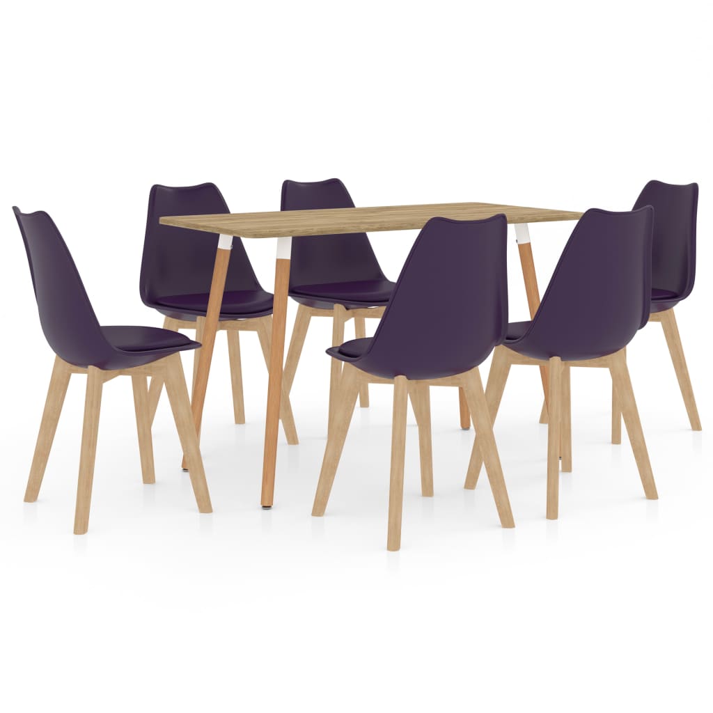 Set mobilier de bucatarie cu 1 masa si 6 scaune cu sezut tapitat, vidaXL, Piele artificiala, 42 x 42 x 81 cm, Mov