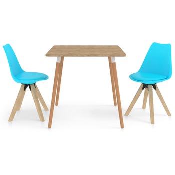 Set de masa de bucatarie cu 2 scaune tapitate cu piele ecologica, vidaXL, Piele artificiala, 80 x 80 x 75 cm, Albastru deschis