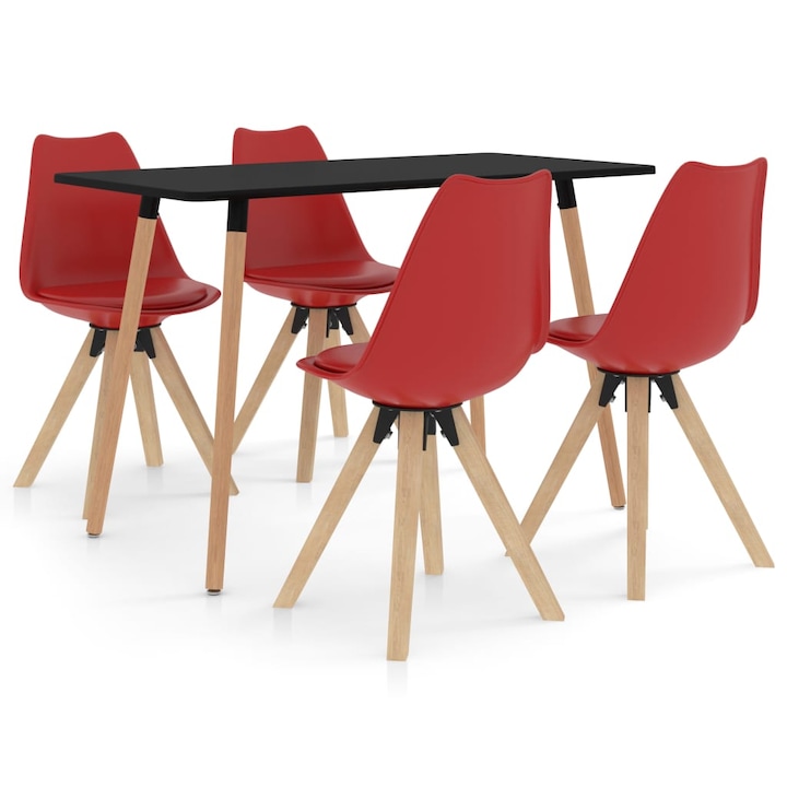 Комплект маса със столове vidaXL, 5 части, Изкуствена кожа/Буково дърво, Червен/Черен, 120x60x75 см