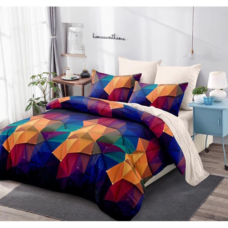 Lenjerie de pat 2 persoane Pucioasa, 6 piese, cearsaf pat cu elastic, model romburi SABI