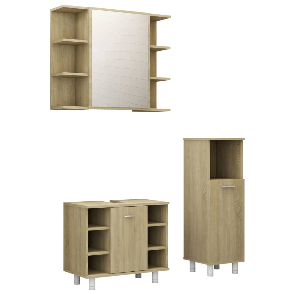 Set mobilier 3 baie 3 dulapuri cu oglinda, vidaXL, PAL, 80 x 20,5 x 64 cm, Maro Stejar Sonoma