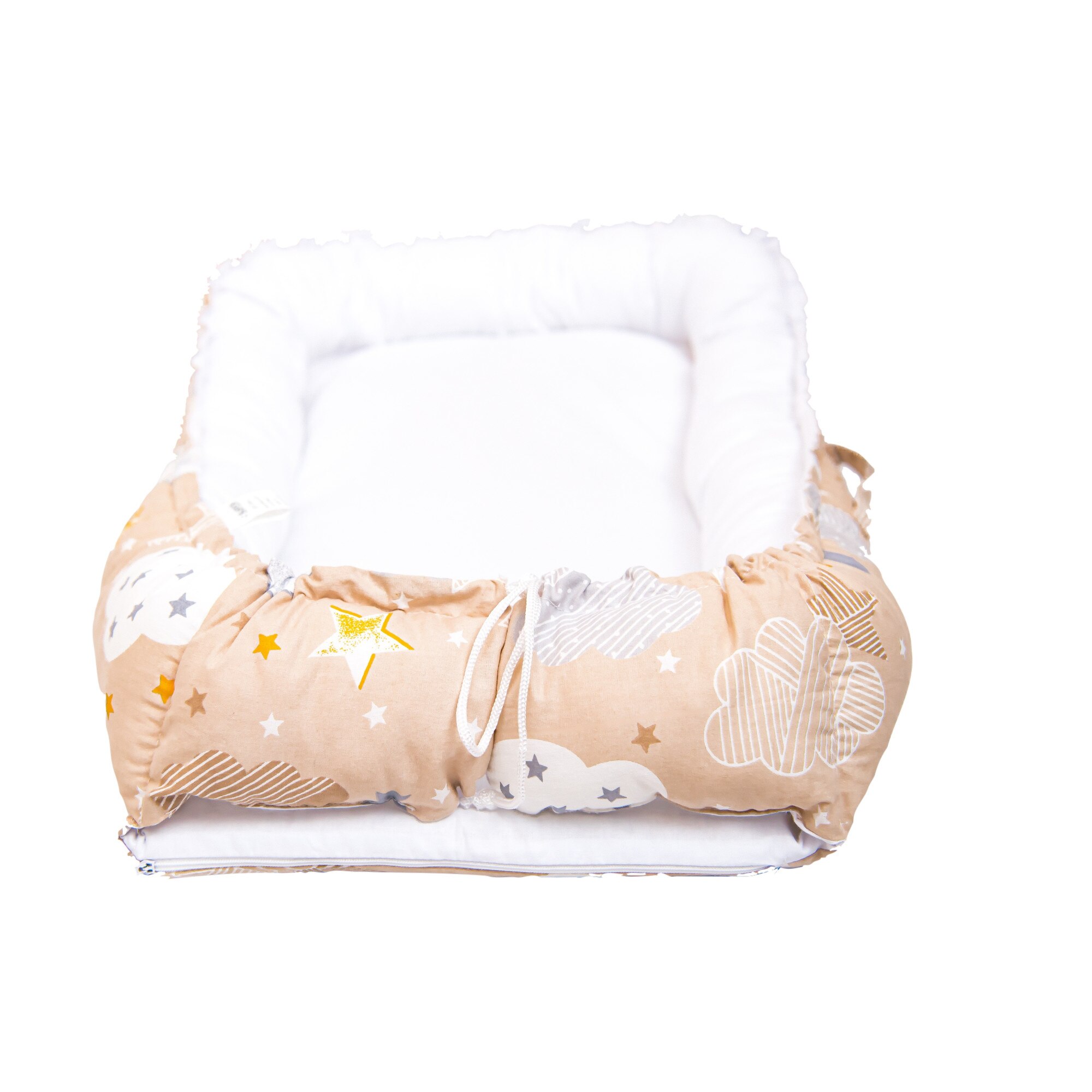 Cuib pentru bebelusi, BABYEN, cu norisori, bumbac, bej/crem, 80 x 40 cm
