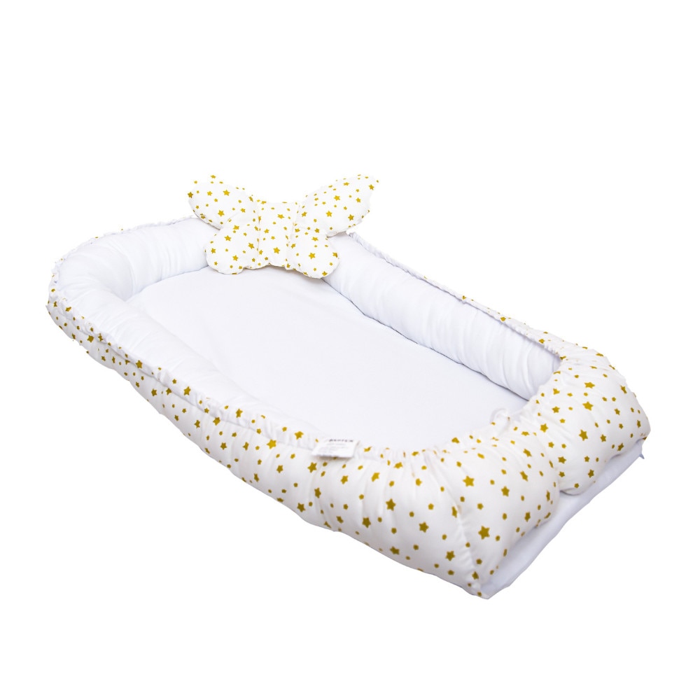 Cuib pentru bebelusi, BABYEN, cu stelute, bumbac, alb/galben, 80 x 40 cm