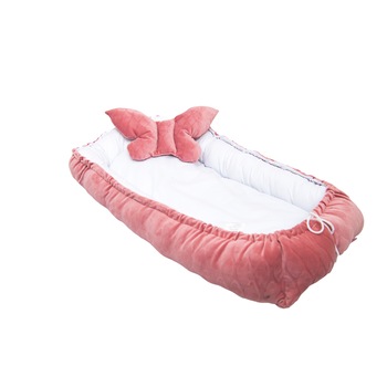 Cuib pentru bebelusi cu pernuta, BABYEN, catifea, alb/roz, 80 x 50 cm Cuib pentru bebelusi cu pernuta, BABYEN, catifea, alb/roz, 80 x 50 cm