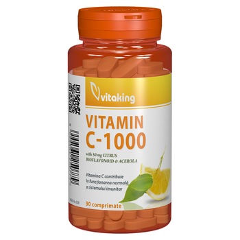 Supliment alimentar Vitamina C 1000 mg cu bioflavonoide, acerola si macese, Vitaking, 90 comprimate Supliment alimentar Vitamina C 1000 mg cu bioflavonoide, acerola si macese, Vitaking, 90 comprimate