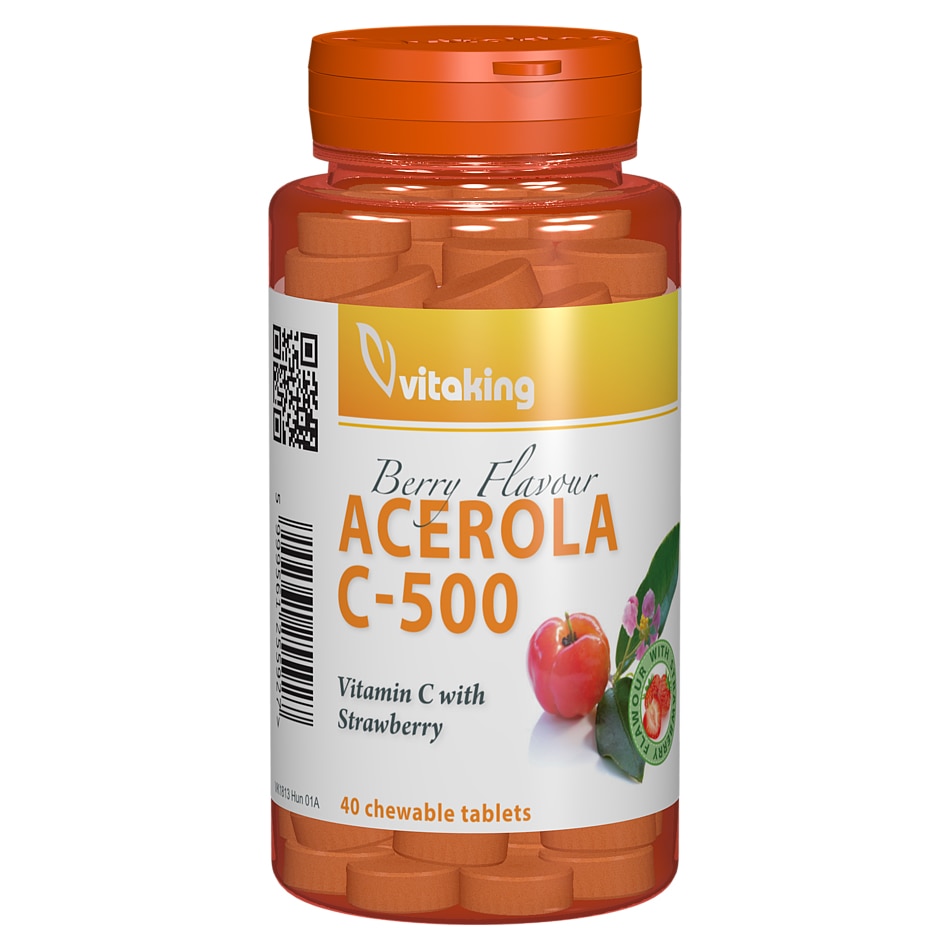 Supliment alimentar Vitamina C 500 mg cu acerola gust de capsuni, Vitaking, 40 comprimate masticabile