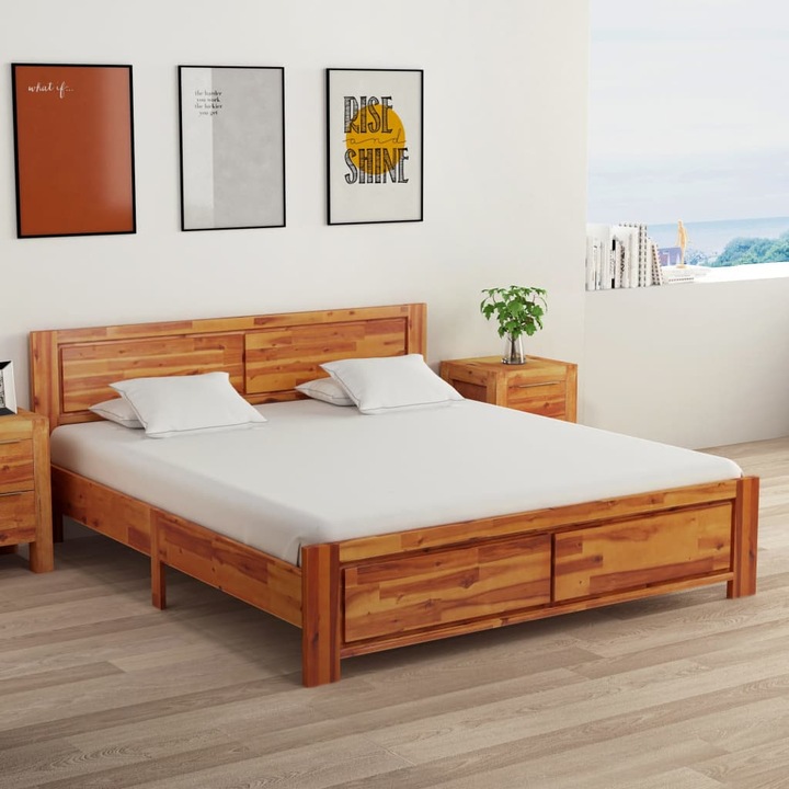 Cadru de pat dublu,2 persoane, 160 x 200 cm, lemn masiv de acacia, Clasic cu somiera inclusa, BED25355