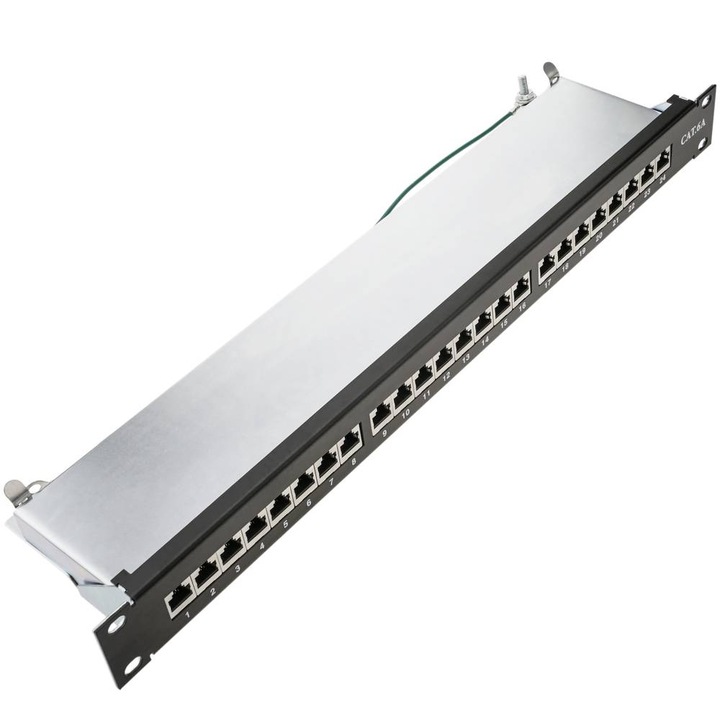Пач панел LanKATT, 19", cat6A, 10 GB, FTP/STP, 24 порта x RJ45, 1U, Екраниран, 500 Mhz, Интегрирана кабелна поддръжка 10 Gigabit