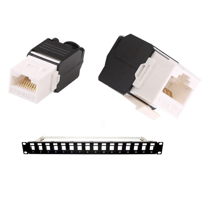 Пач панел LanKATT, 19", Модулен, Оборудван, cat6A, 10 GB, UTP, 16 порта x RJ45, 1U, Конфигуриране без инструменти, Неекраниран, 500 MHz, Интегрирана кабелна поддръжка, 10 Gigabit