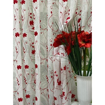 Perdea Inna, alba cu broderie de flori rosii 400X245cm, din in, cu rejansa by Liz Line - RD1914M Perdea Inna, alba cu broderie de flori rosii 400X245cm, din in, cu rejansa by Liz Line - RD1914M