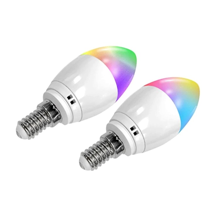 Set 2 becuri inteligente/Wireless, E14, 4W/Lumina Rece/Calda/RGB, Reglabile
