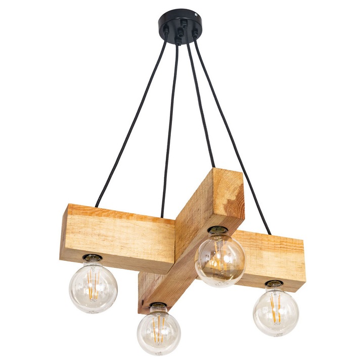 Lustra Cojom Pavel S7N, lemn natur, 4xE27, sub forma de cruce, inaltime reglabila