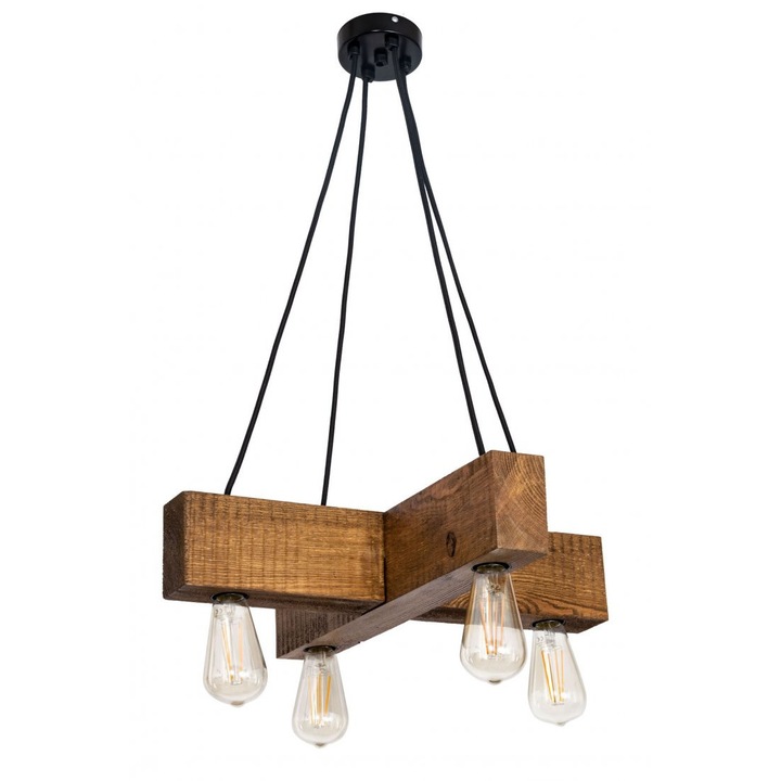 Античен полилей от кафяво дърво Cojom Pavel S7M, 4xE27, във формата на кръст, регулируема височина