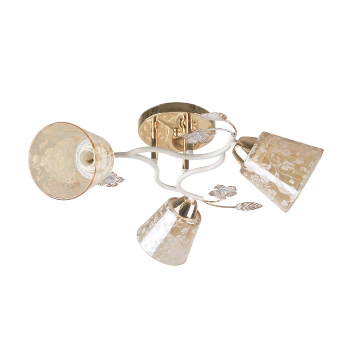 Candelabru Karma, 3 becuri, dulie E27, auriu+alb antic+bej, Klausen