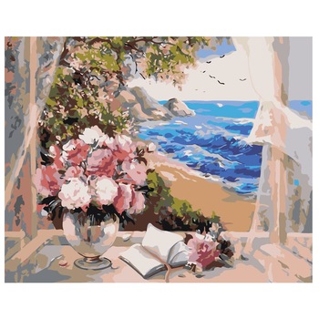 Set pictura pe numere Bujori pe geam, panza bumbac pe rama lemn 40x50 Set pictura pe numere Bujori pe geam, panza bumbac pe rama lemn 40x50