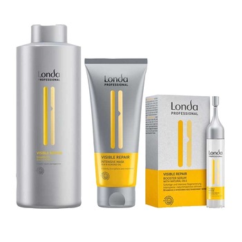 Kit ingrijire par degradat, Londa Visible Repair, Sampon 1000 ml, Tratament 200 ml, Ser 6x9 ml Kit ingrijire par degradat, Londa Visible Repair, Sampon 1000 ml, Tratament 200 ml, Ser 6x9 ml