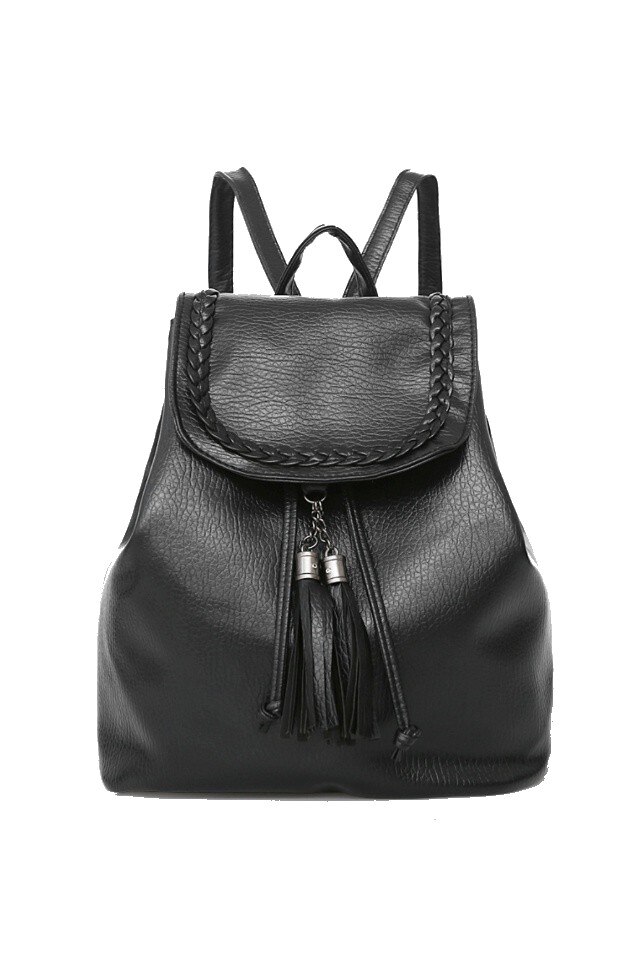 Rucsac de dama Thiery negru din piele ecologica si ciucuri decorativi, 26 x 23 x 15 cm