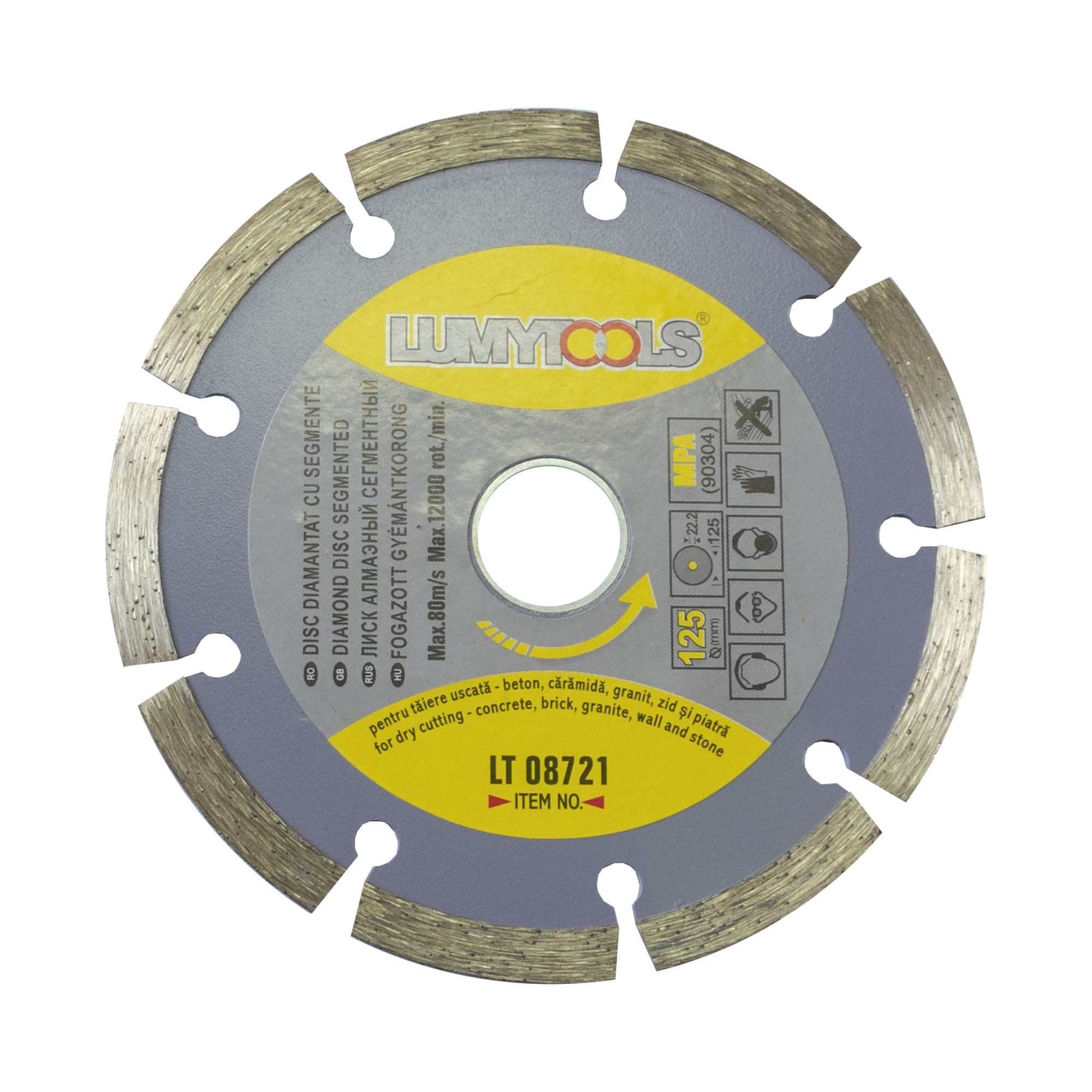 Disc diamantat, cu segmente, pentru debitare materiale de constructii, 125 x 22 x 2 mm