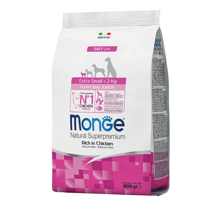 Hrana uscata pentru caini Monge Natural Superpremium Junior Extra Small, Pui, 800g