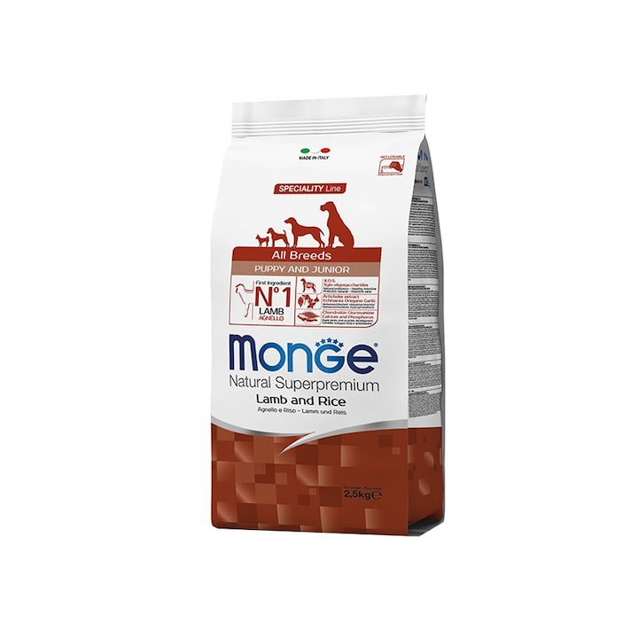 Hrana uscata pentru caini Monge Natural Superpremium Junior, Miel si Orez, 2.5 kg