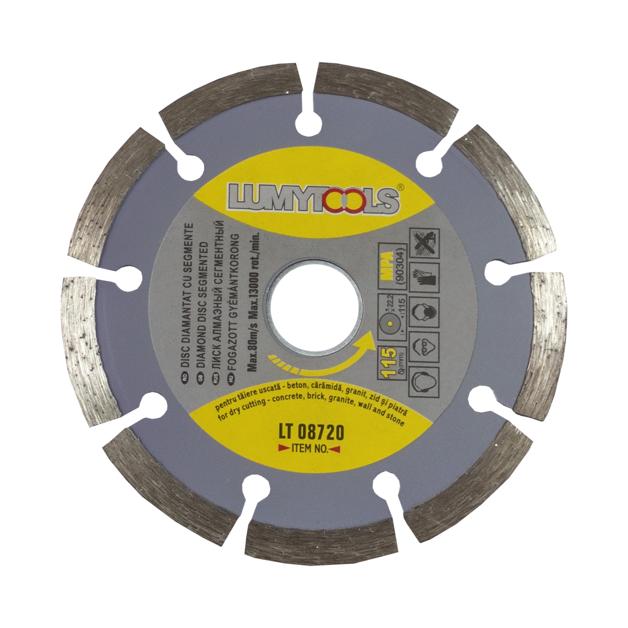Disc diamantat, cu segmente, pentru debitare materiale de constructii, 115 x 22 x 2 mm