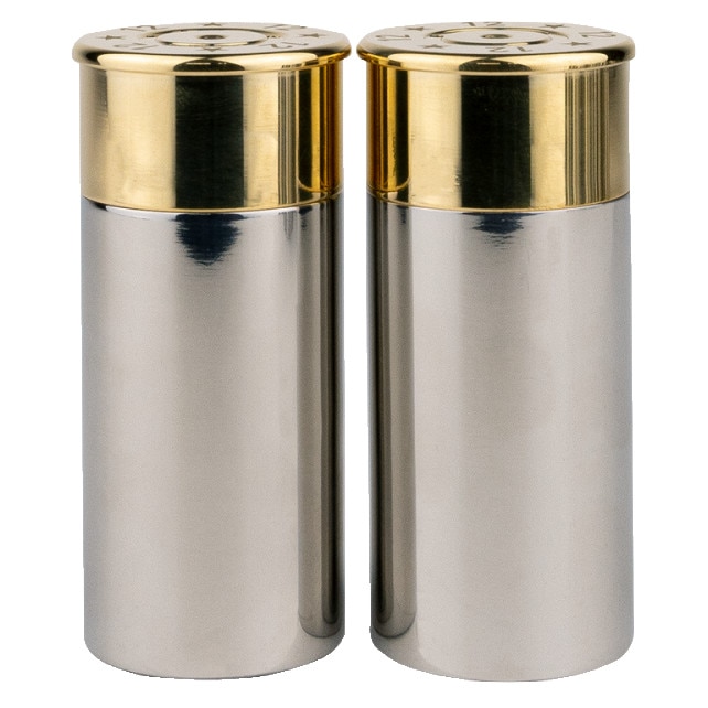 Set de 2 dozatoare pentru sare si piper model Cartus Jack Pyke, otel inoxidabil, finisaj lustruit, H 8 cm, 35 ml x 2, in cutie cadou neagra, argintiu/auriu