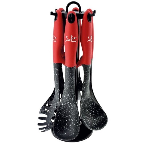 Set ustensile de bucatarie, JATA AC6, 6 piese, nailon, rezistente pana la 200 grade, rosu/negru
