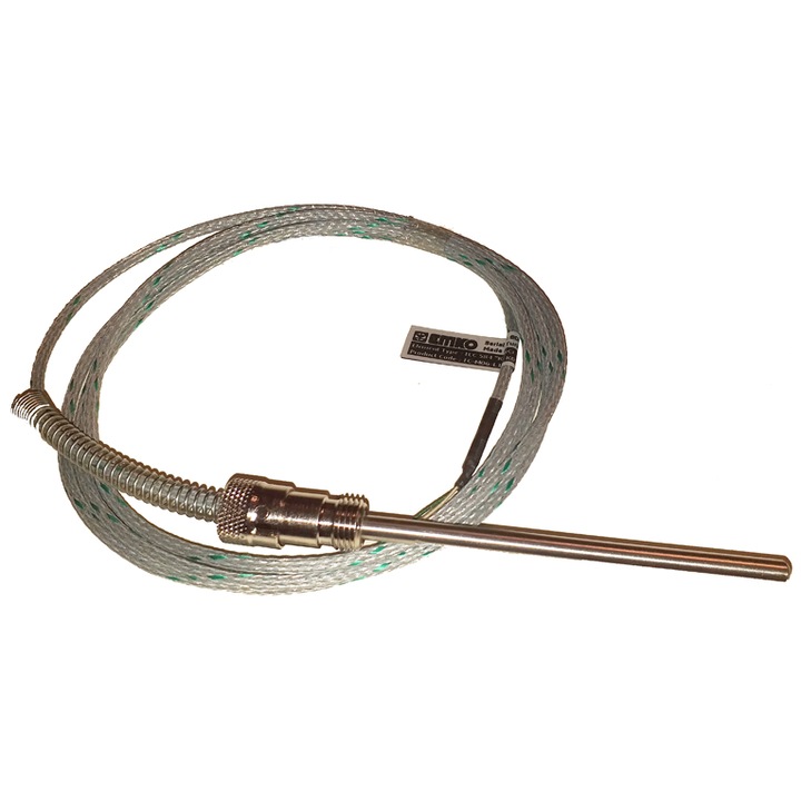 Sonda de temperatura termocuplu tip K, lungime teaca 100mm, diametru teaca Ø = 6mm, cablu cu 2 fire, lungime 2m, protejat cu tresa metalica, niplu de fixare pe arc, temperatura max. 400˚C