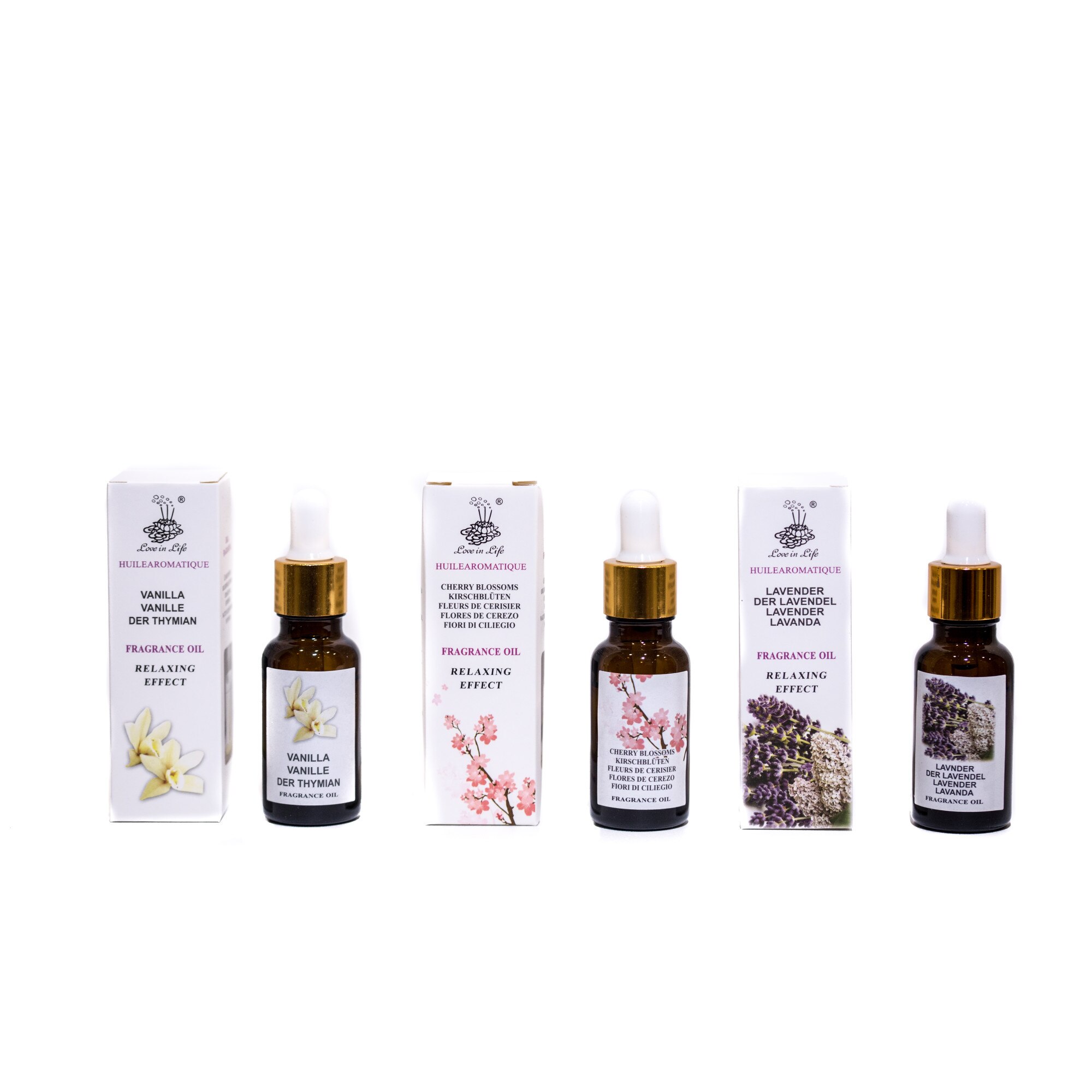 Set 3 Uleiuri Aromatice cu Efect Relaxant, Love in Life Fragrance Oil, Aroma Vanilie, Flori de cires, Lavanda, 3x20ml, cu pipeta