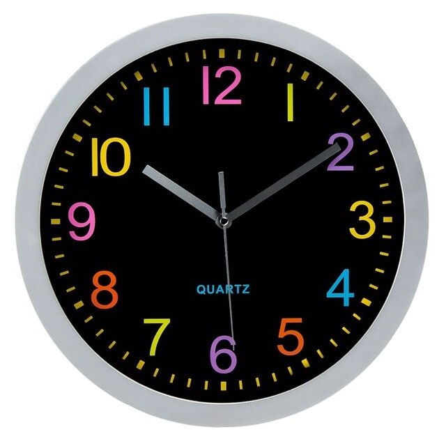 Ceas decorativ de perete simplu cu numere arabe colorate si Quartz, Negru/Multicolor, 29.6x4.4 cm