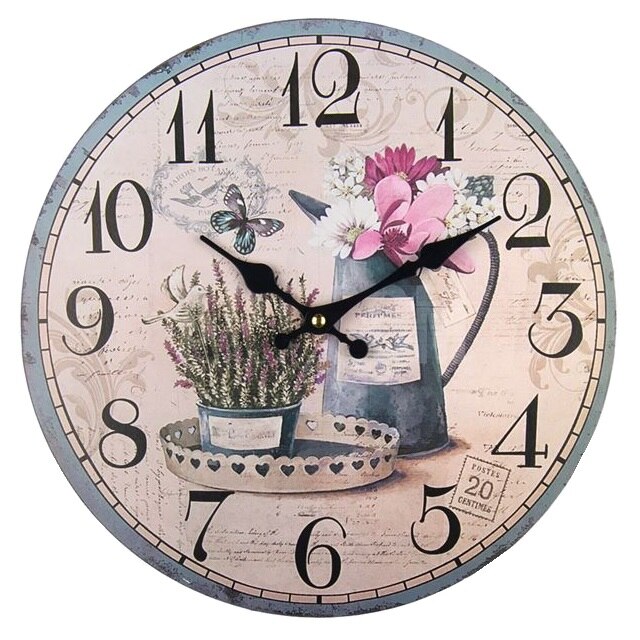 Ceas decorativ de perete din MDF cu numere arabe, model flori si lavanda, Roz pal, 33.2x2.3 cm