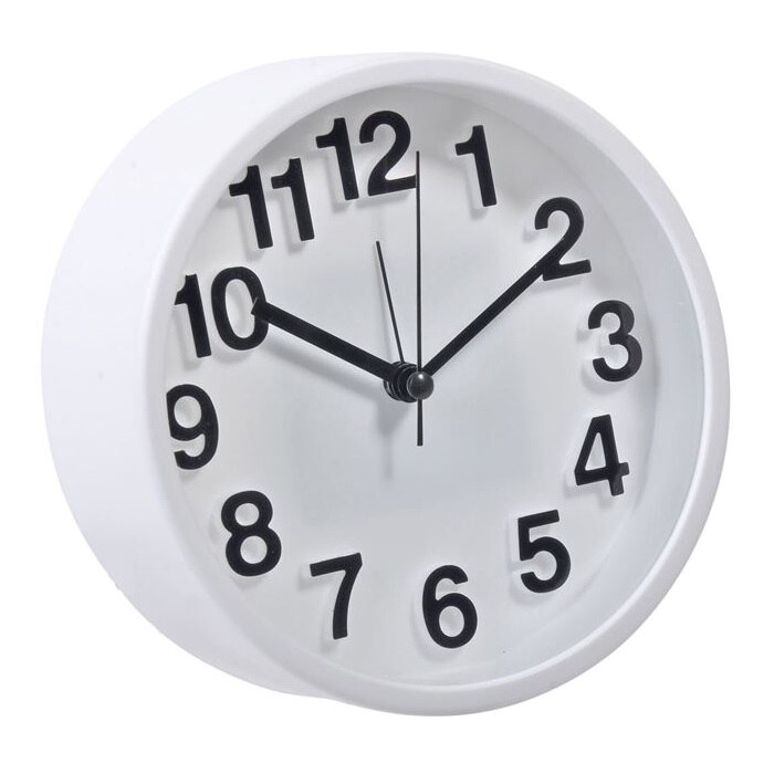 Ceas decorativ de birou rotund cu alarma si numere arabe, Alb/Negru, 13.6x4.3 cm
