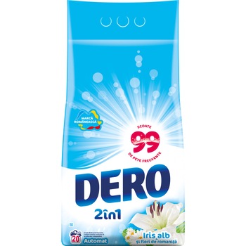 Detergent automat Dero Iris alb si flori de romanita, 2kg, 20 spalari Detergent automat Dero Iris alb si flori de romanita, 2kg, 20 spalari